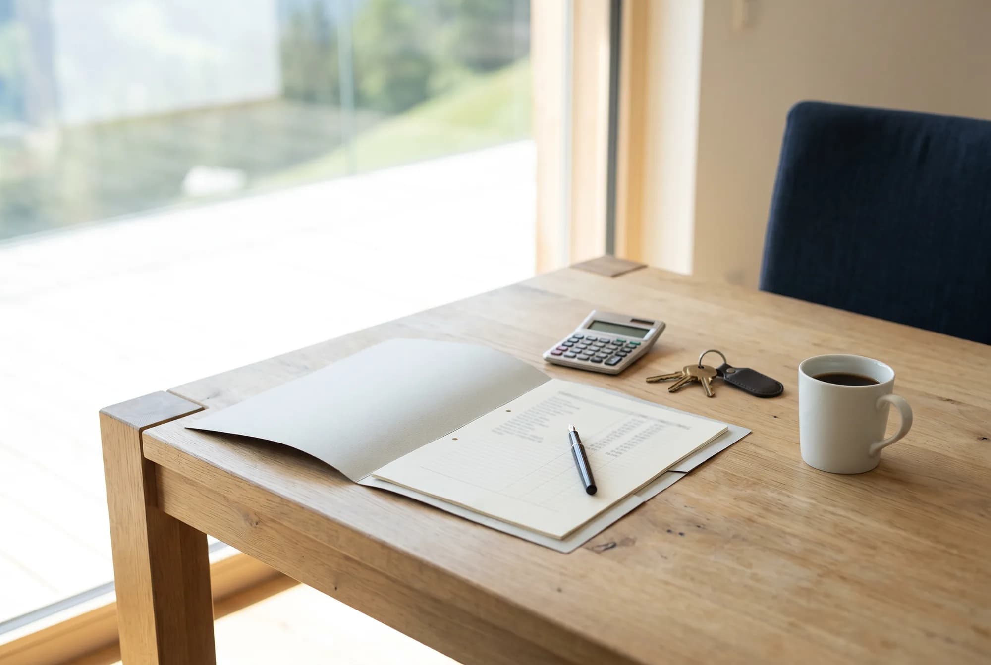 Table de salle à manger en chêne clair : dossier de financement ouvert, calculatrice, trousseau de clés et tasse de café, devant une baie vitrée